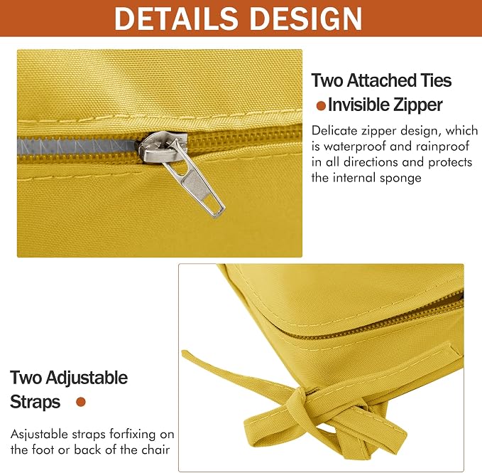 Outdoor Chair Cushions 18.5x16 Inch Waterproof Patio Chair Cushions with Tie Color Fastness Thick Outdoor Seat Cushion for Patio Furniture Yellow Set of 4