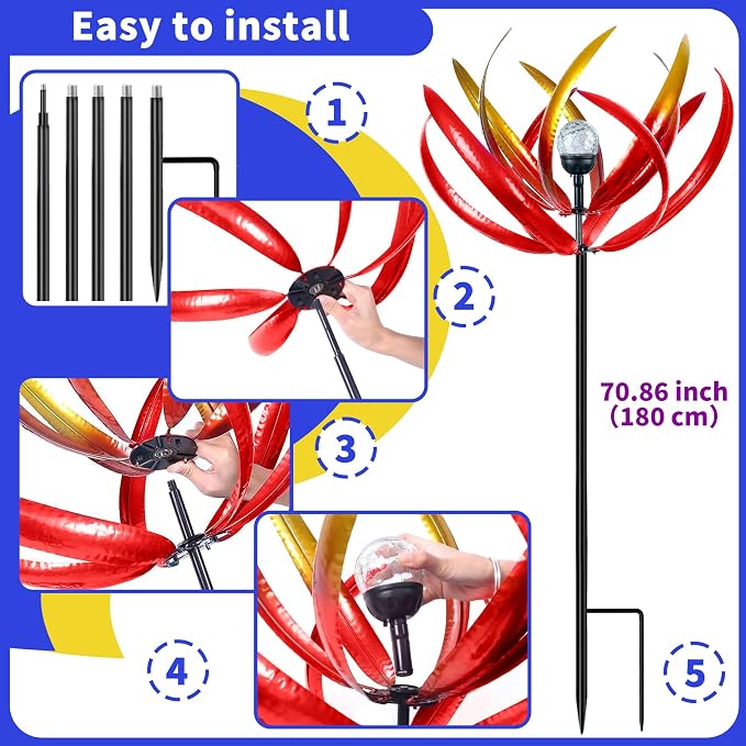 Wind Spinners Outdoor for Yard and Garden - Wind Sculptures & Spinners - 70 Inch Wind Spinner with Solar Powered Multi-Color Glass Ball Light for Yard Garden Backyard Lawn Decorations