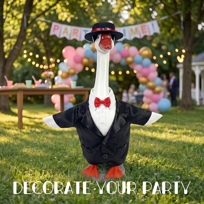 Porch Goose Statue with Gentleman Black Siut Outfits- 19.5" Garden Resin Goose Decorative Figurine Cute Sculpture for Outdoor Indoor Patio Lawn Yard Balcony Decor Housewarming Gifts