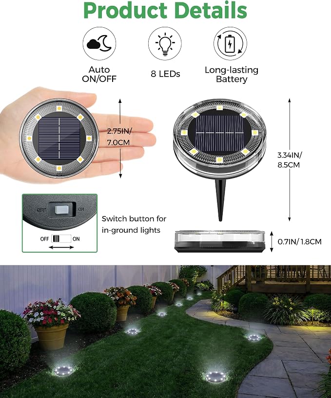 LOTMOS 20 Pack Solar Ground Lights Outdoor, 8 LED Solar Flat Lights IP68 Waterproof Disc Light, Landscape Lighting Solar Powered for Garden Yard Path Driveway Lawn Patio Walkway, Cool White