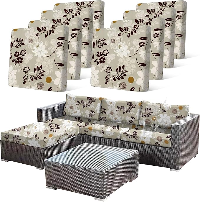 CALBODE 8 Pcs Waterproof Patio Cushion Covers, Floral Printed Stretch Outdoor Sofa Cover for Patio Furniture, Washable Chair Covers Reusable Furniture Protector for Fall Decor (Brown, Cover Only)