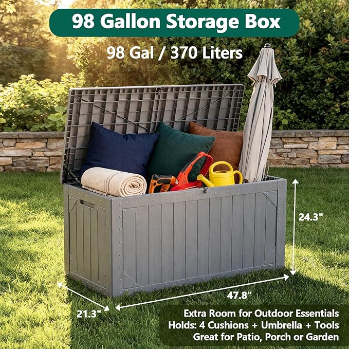 Outdoor Storage Box, 98 Gallon Deck Box, Outdoor Storage Bench, Waterproof Resin Storage Bench with Lockable Lid, Patio Furniture Cushions & Garden Tools Storage, UV Resistant (Gray)