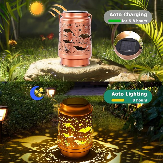 Dolphin Birthday Gifts for Women Mom Grandma, Solar Lanterns Outdoor Waterproof Garden Decor Hanging Lantern Lights, Metal LED Decorative Gardening Light for Patio Yard Lawn