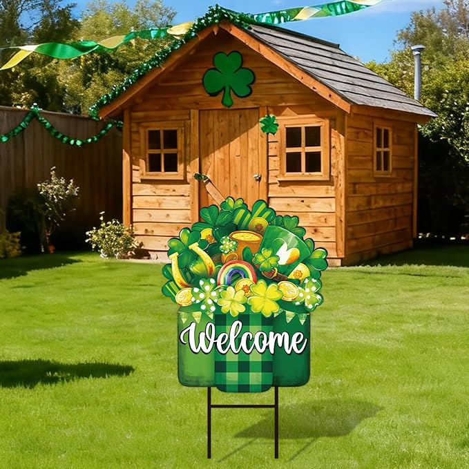 JarThenaAMCS St. Patrick' s Day Metal Garden Stake Welcome Yard Sign Watercolor Green Clover Shamrock Vase Decorative Lawn Sign for Irish Holiday Home Outside Lawn Porch Walkway