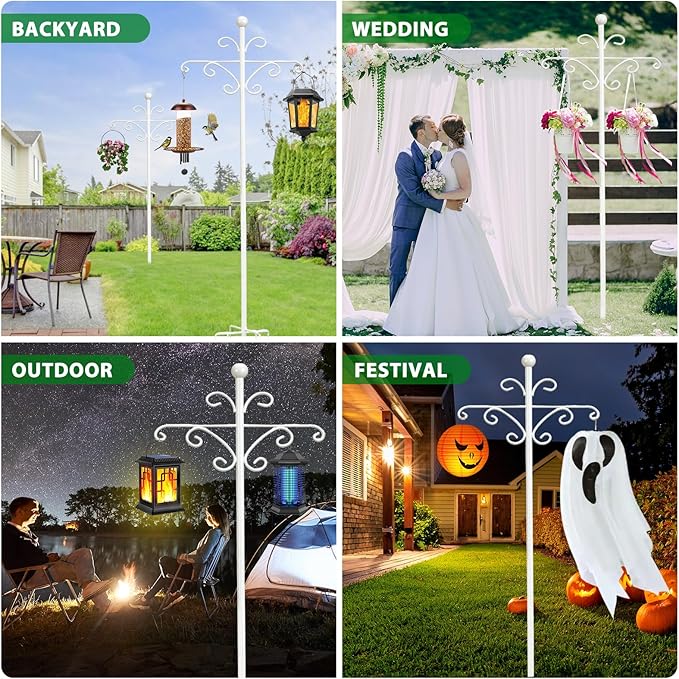 Bird Feeder Pole for Outdoors Heavy Duty Squirrel Proof, 2 Pack 92 Inch Adjustable Tall Shepherds Hooks for Outdoor with 7 Prongs Base, Double Shepherd Hooks (2 Pack White, 92 Inch)