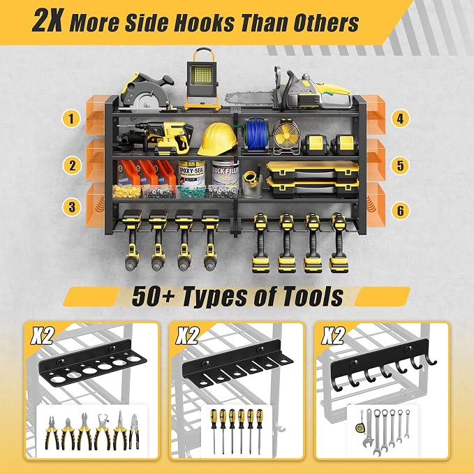 Jusgym Power Tool Organizer Wall Mount |450lbs Garage Tool Storage Rack with 8 Cordless Drill Holder |4-Tier 32''W Heavy Duty Garage Organization |Gifts for Men