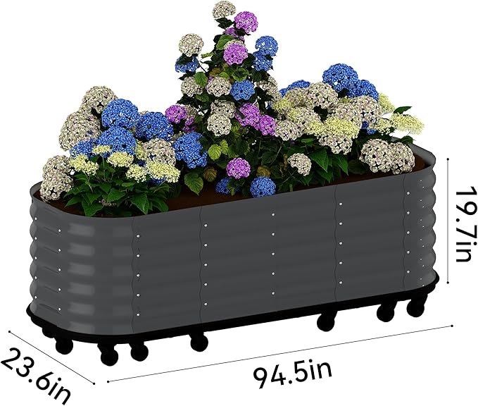 GarveeHome Self-Watering Wheeled Metal Garden Bed – Mobile Raised Planter Box with Water, Galvanized Steel Indoor/Outdoor Rolling Grow Station for Herbs, Veggies & Decor （94.5 in x23.6 in x19.7,Gray