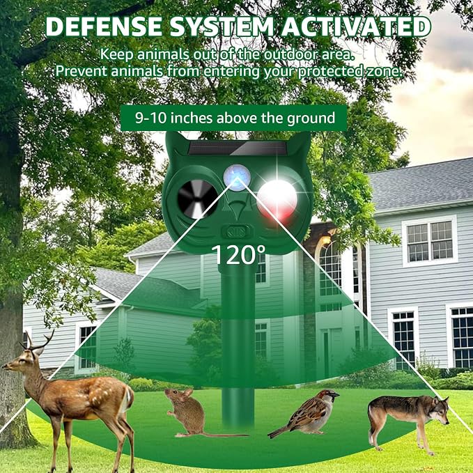 Solar Ultrasonic Animal Repellent Outdoor Motion Sensor Deer Repellent Devices Squirrel Cat Raccoon Rabbit Deterrent with Strobe Light Dual Mode, Keep Skunk Away Protection for Yard Garden Lawn 2PCS