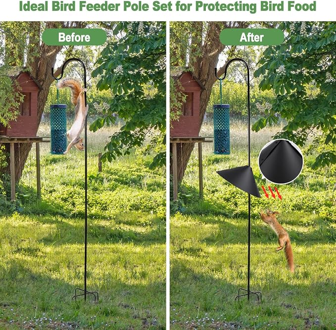 Matte Black Bird Feeder Pole with Squirrel Baffle 80" Tall Heave Duty Squirrel Proof Pole with Shepherd Hook 5 Prongs Base for Outdoor Hummingbird Feeders (No Bird Feeder)