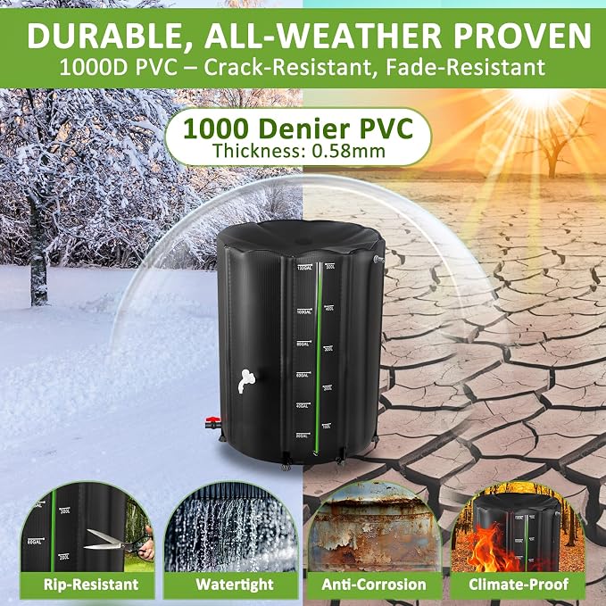 Collapsible Rain Barrel 132 Gallon, Rain Water Collection Barrel, 1000D PVC Rainwater Collection System with Mesh Cover Accessory (Bright Black 132 Gallon)