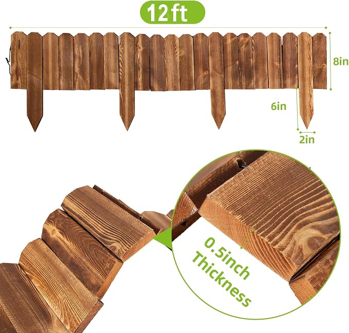 LINSHRY Wood Garden Fence, 8in (H) x 12ft (L) Wood Garden Edging Decorative Landscape Edging Border, Outdoor Fence Border for Yard Tree Flower Bed Edging(Brown)