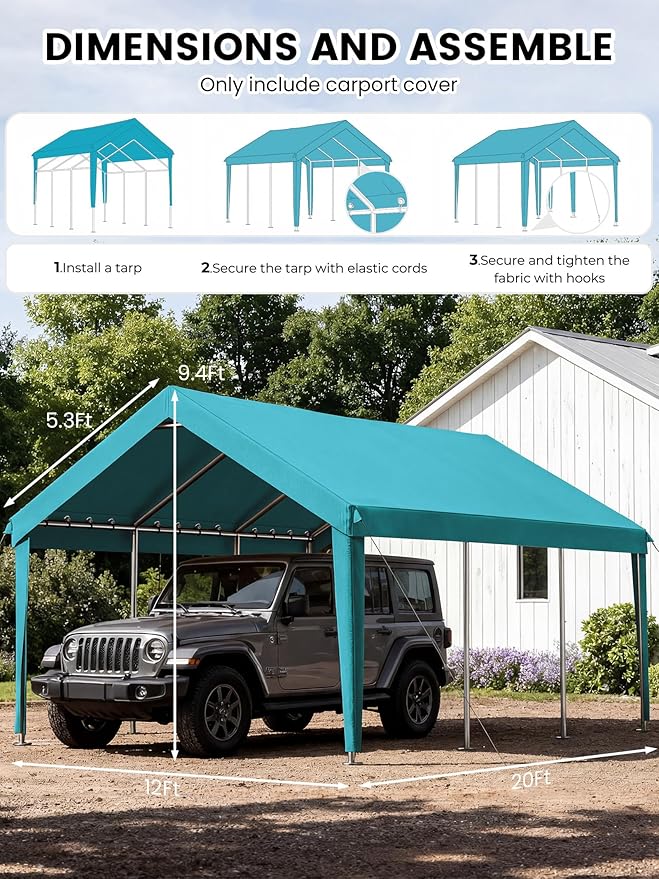 12 x 20 Ft Carport Replacement Cover, Heavy Duty Outdoor Car Tarp Canopy, Waterproof & UV Protected Tear Oxford Tarp with Ball Bungees (Frame is Not Included)