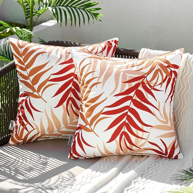 MIULEE Pack of 2 Decorative Outdoor Waterproof Throw Pillow Covers Patio Pillow Cases Natural Leaves Pattern Square Cushion Shams Shell for Garden Balcony Couch 18x18 Inch, Orange