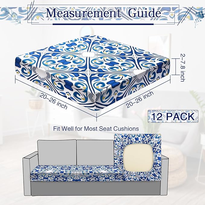 Newwiee 12 Pcs Patio Cushion Covers Outdoor Stretch Sofa Couch Cover Replacement Couch Slipcover Sofa Seat Chair Porch Patio Furniture Protector, Flexibility Washable(Blue Series,Retro)