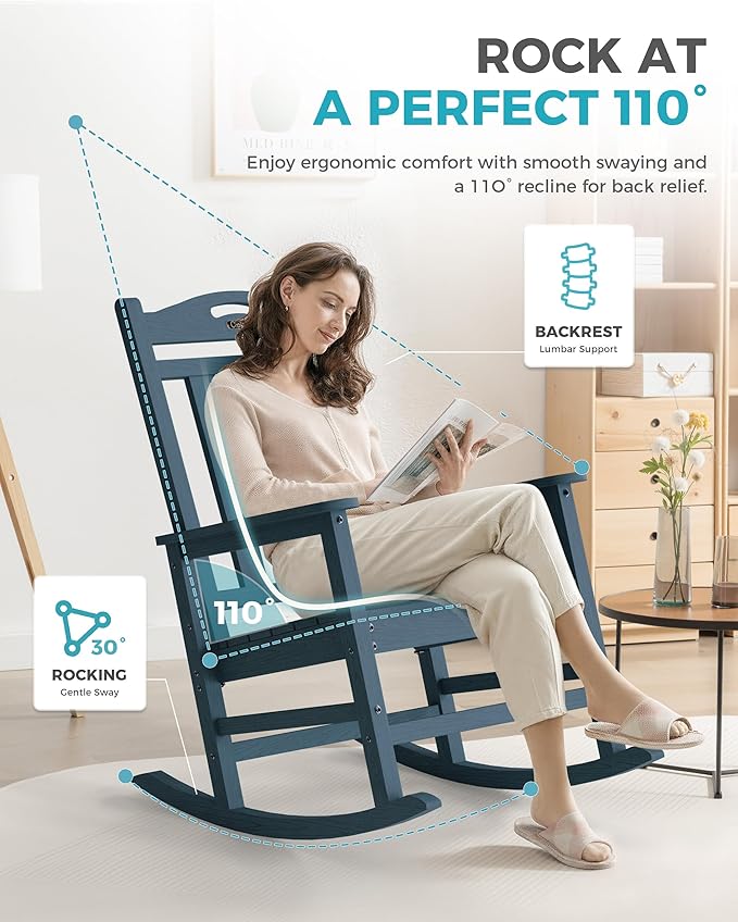 Ciokea Oversized Outdoor Rocking Chair, 380lbs Heavy-Duty Large Patio Rocker, Weather Resistant & Anti-Fade Porch Chair, High Back Cozy Rocking Chair for Outside, Fire Pit, Deck, Garden, Slate Blue