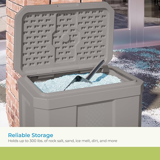 Suncast 28 Gallon Heavy Duty Storage Box, Durable, Multi-Purpose Container for Salt, Sand, Dirt, Ice Melt, and Outdoor Supplies, Made in the USA, Made in the USA