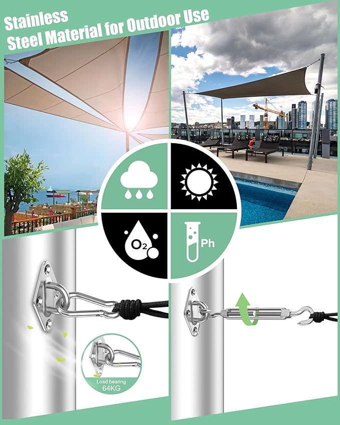 Sun Shade Sail Hardware Kit: Triangle Rectangle Shade Sail Hardware Kit Heavy Duty, M6 Turnbuckles for Shade Sail Pad Eye Sun Shade Hooks, Patio Garden Sun Shade Sail Canopy Hardware Installation Kit