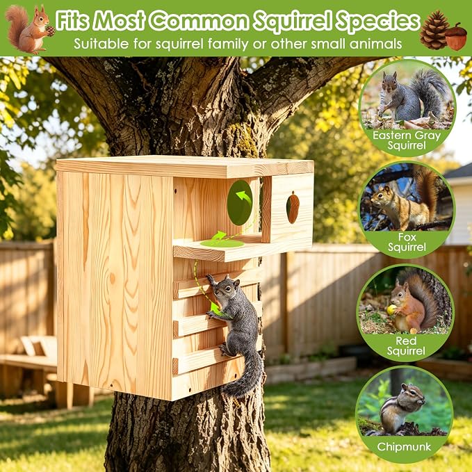 Large Squirrel House for Outside with Predator Guard, Squirrel Nesting Box with Exterior Porch, Easy Assemble Wooden Squirrel Boxes, Suitable for Gray Squirrels, Fox Squirrels, Red and Chipmunks