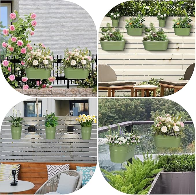 3 Different Size Metal Iron Hanging Flower Pots 10 Pcs for Outdoor Plants Metal Hanging Bucket Pots Iron Railing Fence Planter with Drainage Holes and Hooks for Porch Railing Balcony Fence (Green)