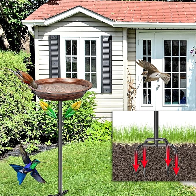 Metal Bird Bath for Outside Feeder Bowl, Detachable Birdbath & Birdfeeder with Base Stake, Vintage Bird Baths for Outdoors Garden Yard Lawn Decor (Dragonfly Vintage Brown)