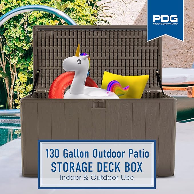 Plastic Development Group Outdoor Storage Deck Box, Soft Closure, 130 Gallon, Java