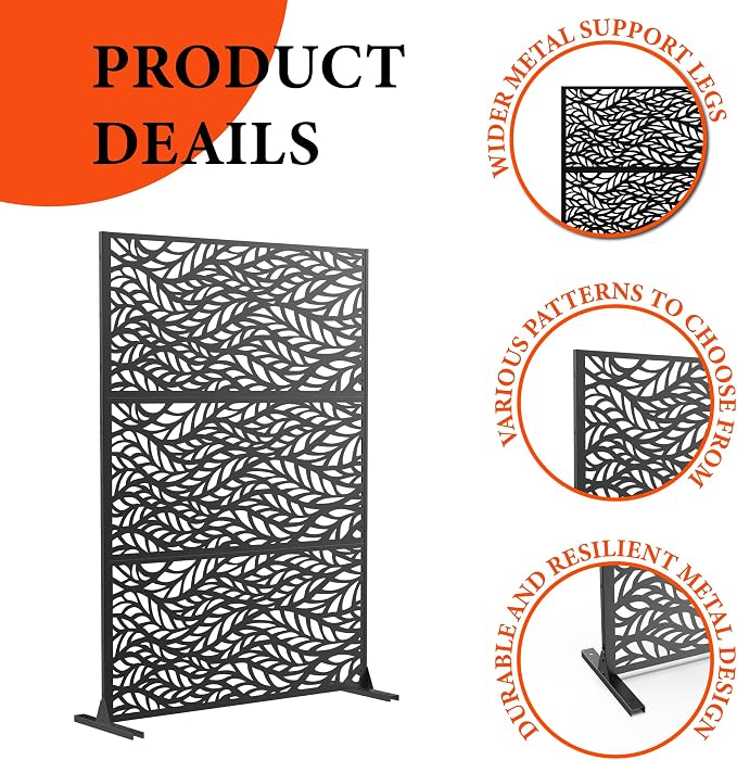 Privacy Screen Outdoor Metal Fence Panel, 72" H x 47" W Freestanding Decorative Privacy Fence for Patio, Deck, Balcony, Backyard, Garden with Stable Base