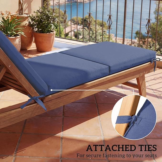 Outsunny Outdoor Chaise Lounge Cushions Set of 2, Chaise Lounge Cushions with 6 Ties, High-Density Foam, 72 x 21.1 x 2.6 Inch Water-Repellent and UV-Resistant for Patio, Poolside, Navy Blue