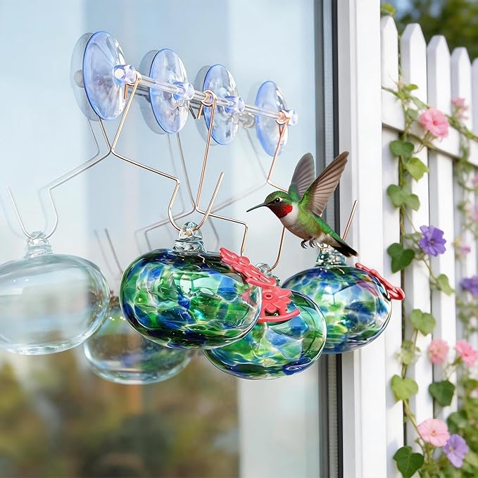 QFkris Set of 3 Blown Glass Hummingbird Feeder with Suction Cups for Window, Small Hummingbird Feeder with Flower Feeding Ports for Outside Garden Backyard Decor, Gifts for Women Mom(Green)