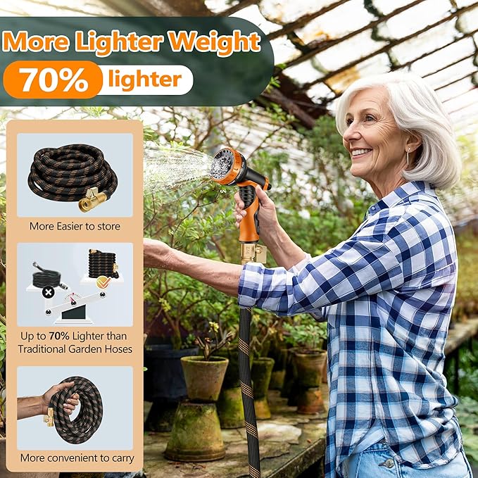 Flexible Garden Hose 50 FT, Ultra Lightweight Water Hoses w/10 Function Sprayer and 3/4" Brass Fittings, Kink-Free, Sturdy, Abrasion Resistant for Yard, Lawn, Outdoor and Gardening(Black Orange)