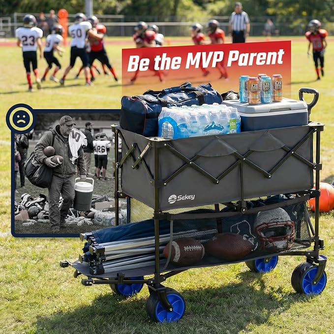 Sekey 500LBS Heavy Duty Double Decker Wagon with Extender, 400L Large Capacity Collapsible Garden Cart Fits 10x10 Canopy, All-Terrain Big Wheels with Brakes, Foldable Utility Wagon for Sports, Camping