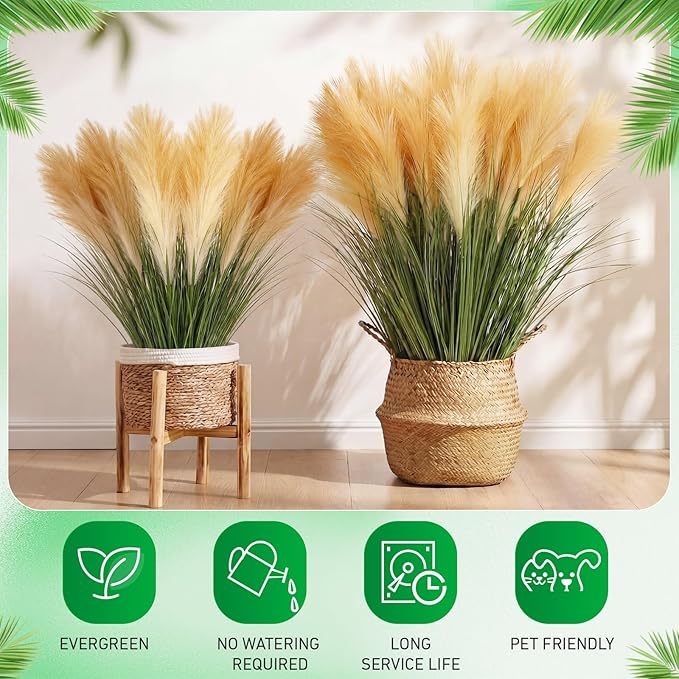 Jexine 15 Pcs Artificial Pampas Grass 31.5" Tall Faux Pampas Stems with 3 Plumes Each and Green Leaves for Boho Floor Vase, Wedding, Living Room Home Decor