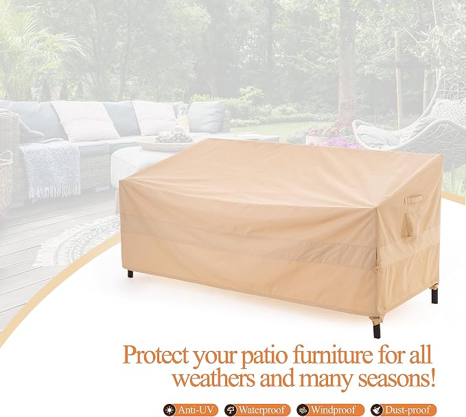 WJ-X3 Ripstop 3-Seater Outdoor Couch Cover, Heavy Duty Patio Sofa Cover,Waterproof & Wind Resistant,82W x 39D x 36H, Beige