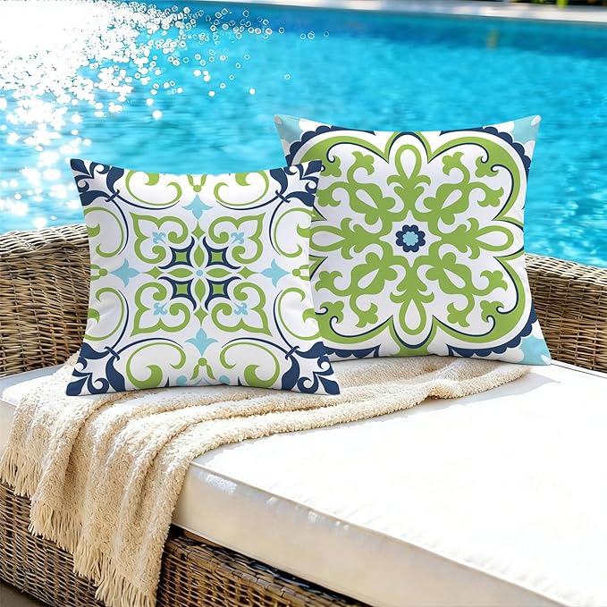 NIGHTWISH Outdoor Waterproof Pillow Covers 16x16 Set of 4 Green Boho Decorative Outdoor Throw Pillows Floral Cushion Cases for Patio Furniture Bench Couch Sunbrella