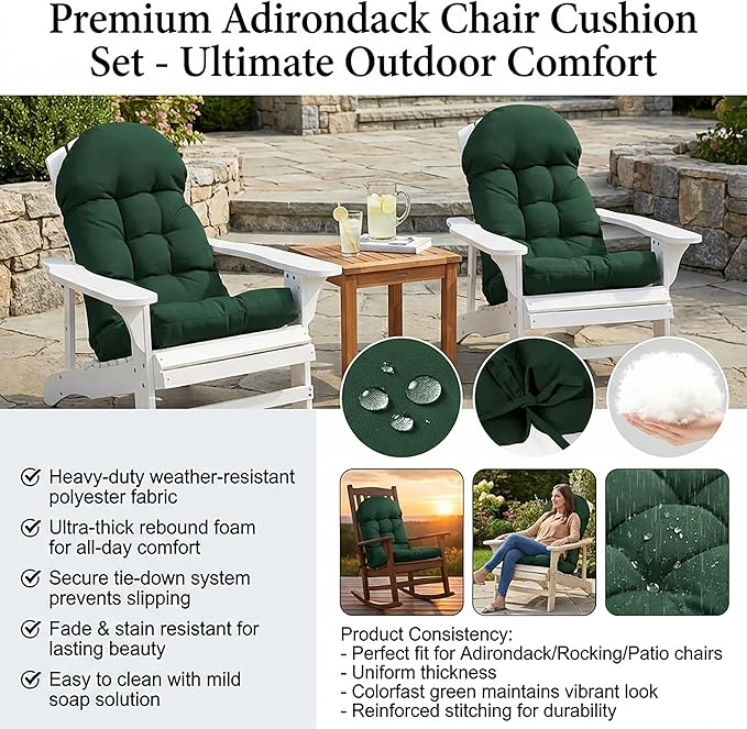 Enipate Weather Resistant Adirondack Chair Cushions High Back Indoor Outdoor Patio Tufted Lounge Cushion Seat Pads