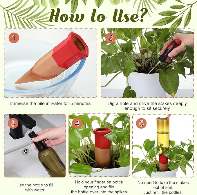 SiliFine 12 Set Plant Watering Devices Include Terracotta Self Watering Spikes and 26 oz Plastic Bottles, Slow Release Vacation Insert Automatic Plant Waterer Device (Green and Mixed Color)