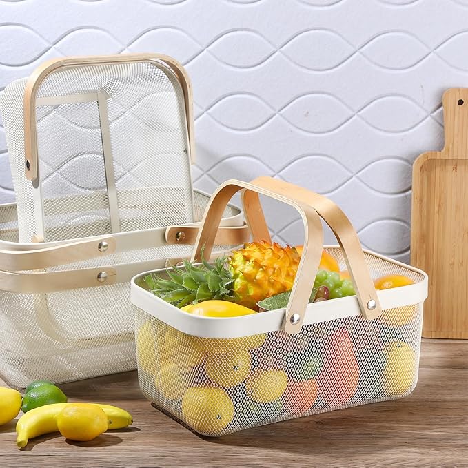 Sadnyy 4 Pcs White Easter Metal Wire Storage Basket with Handle Mesh Harvest Durable Vegetables Fruit Toy Basket for Garden Organizing, Kitchen, Countertop, Closet, Bedroom (16 x 9.8 x 7.1 Inch)
