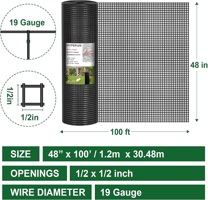 HOPERAN Black Hardware Cloth 1/2 inch 48 inch x 100 Foot 19 Gauge - Vinyl Coated Welded Chicken Wire Fencing Mesh, PVC Wire Fence Roll for Garden Fence, Gopher Wire and Poultry Netting Cage