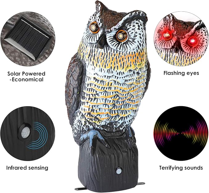 Ruolan Plastic Owl,Brid Owl with Flashing Eyes&Frightening Sound for Garden Yard Outdoor (Large)