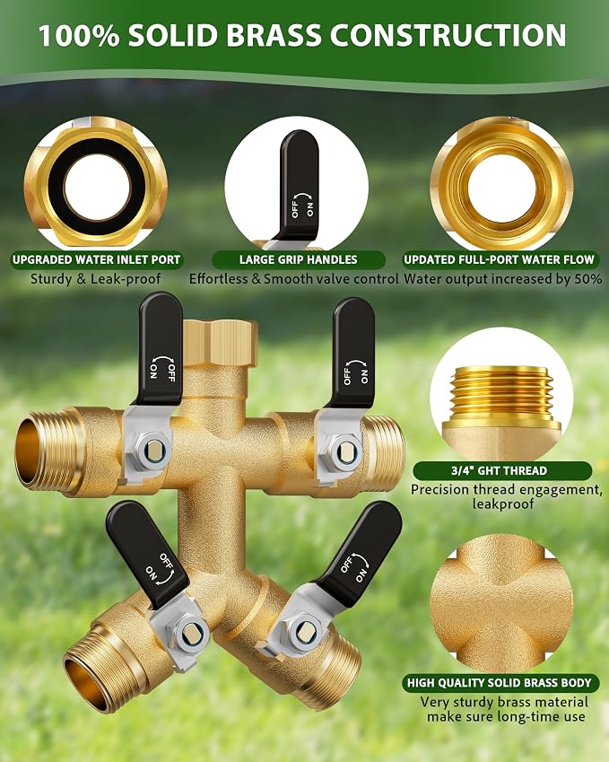 4 Way Hose Splitter, Heavy Duty Brass Garden Hose Splitter, Water Hose Bib Spigot Splitter with 0.59" Full Flow Ball Valve Outlet & Shut-Off Valve 3/4'' Connector Outdoor Water Faucet Adapter