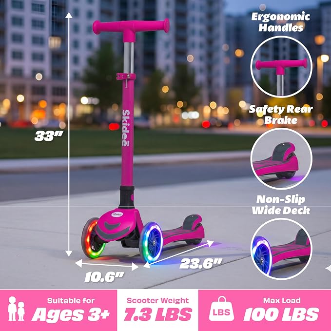 SKIDEE Kick Scooter for Kids Ages 3-5 | Foldable 3 Wheel Scooter with Lean-to-Steer, Adjustable Height, Removable Seat & LED Light Wheels | Toddler Scooter Up to 12 Year Old Boys/Girls