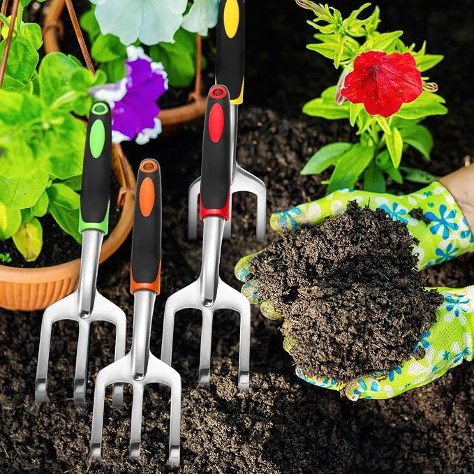 Yaocom 12 Pcs Hand Rake Garden Tool Mini Heavy Duty Garden Cultivator 11 Inch Small Rake Gardening Aluminum Alloy Hand Tiller with Handle for Digging Weeding Loose Soil (Red,Orange,Yellow,Green)