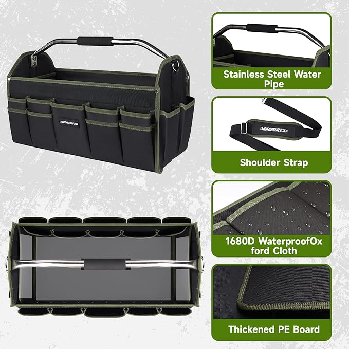22In Electrician Tool Bag, Foldable Bags For Men Heavy Duty, Open Top Tool Tote, 30 Pockets Can Hold Many fittings, Organizer Stainless Steel Handle and Removable Shoulder Strap