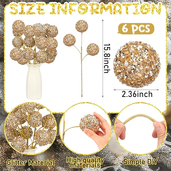 Norme 6 Pcs 15.8" Christmas Glitter Ball Tree Picks Christmas Ball Decorations Artificial Berry Stems Branches for Filler Vase Home Xmas Tree Party Holiday Decor(Champagne)