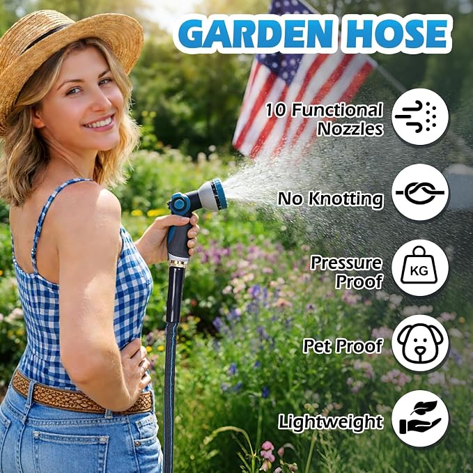 Non-Expanding Garden Hose 100FT 10-Pattern Nozzle, Lightweight Flexible Water Hose Kink-Resistant, Brass 3/4'' Fittings & Sealing Washers, for Yard Lawn Garden Car Wash Pet Bathing