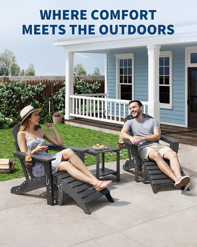 GarveeLife Folding Adirondack Chair Set of 2 with Ottoman, All-Weather HDPE Outdoor Chair, Wooden Textured with Cup Holder for patios, Decks, Gardens, fire pits, Grey