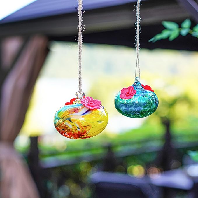 Pack 2 Blown Glass Hummingbird Feeders for Outdoors 3inch Small Glass Humming Bird Feeder for Window Hanging Ant and Bee Proof Humming Birds Feeders Decor for Garden Tree