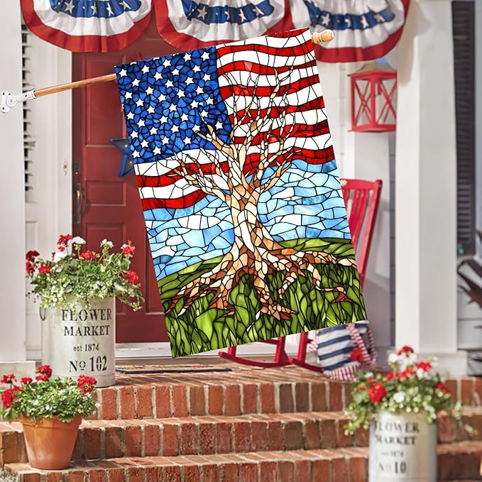 Patriotic American House Flag 28 x 40 Double Sided for Outside Large Stained Glass Tree Life Garden Flags 250 Anniversary USA 4th of July Independence Memorial Day Decora