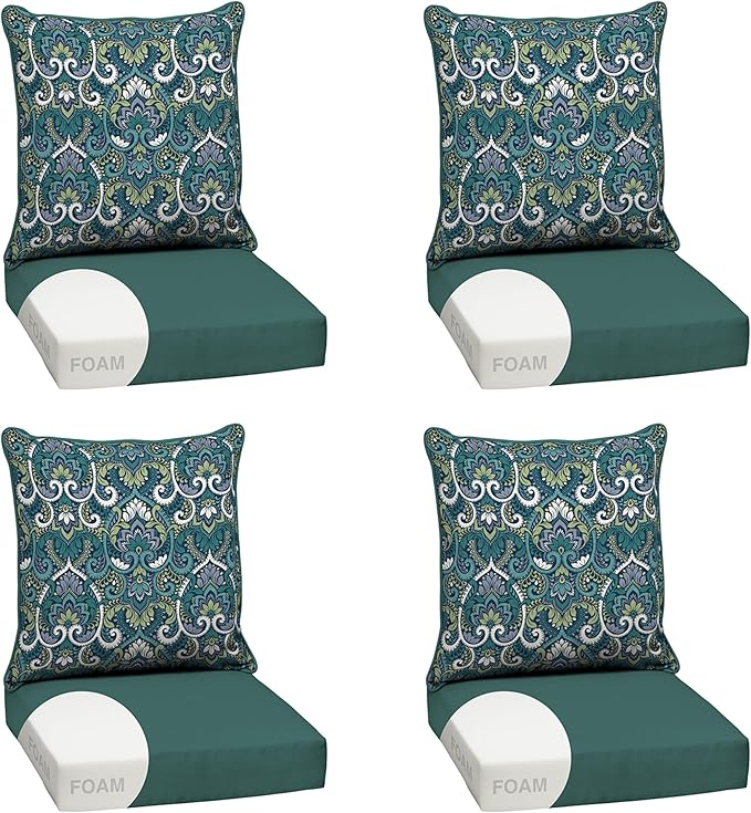 Arden Outdoor Foam Deep Seat Cushion Set (4-Pack), 24x24, Premium High-Density Foam, Never Flattens, Weather-Proof for Patio Chair Sofa Couch, Sapphire Aurora Blue Damask