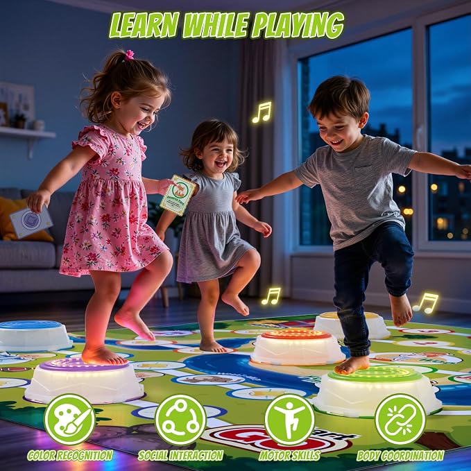 HYES Light Up Stepping Stones for Toddlers 1-3 - 6 PCS Non-Slip Step Stones with Game Map, Toddler Obstacle Course Sensory Toys, Indoor Outdoor 3-5 Years Old Boys Girls Birthday Gifts