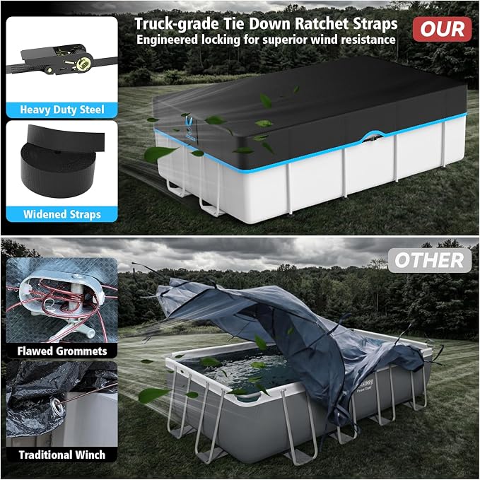 7x10 FT Rectangle Pool Cover with Above Ground Pool, with Fast Tightening Ratchet & Sturdy Nylon Black Strap, 420D Oxford Fabric for All Season Use - Tear Resistant, UV & Dust Proof